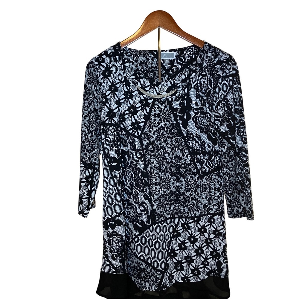M Collection Women's  M Black White Lace Print 3/4 Sleeve Scoop Neck Tunic Top